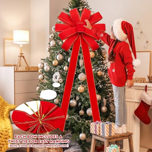 2 Pieces Extra Large Red Velvet Christmas Bows 70 x 19 Inches with Gold Glitter Edge - 6-Loop Decor