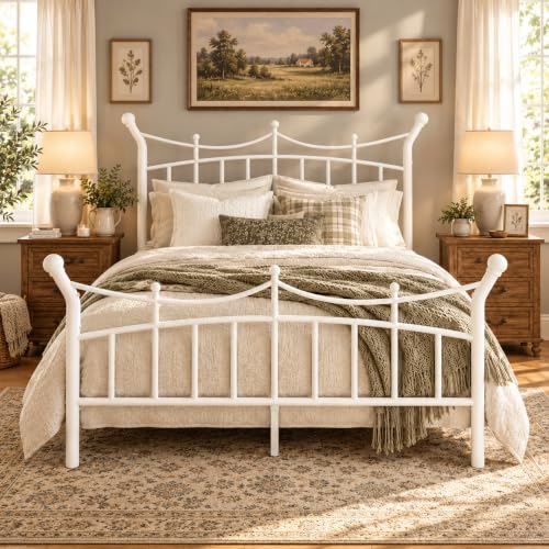 SHA CERLIN Full Size Metal Bed Frame White Victorian Crown Style No Box Spring