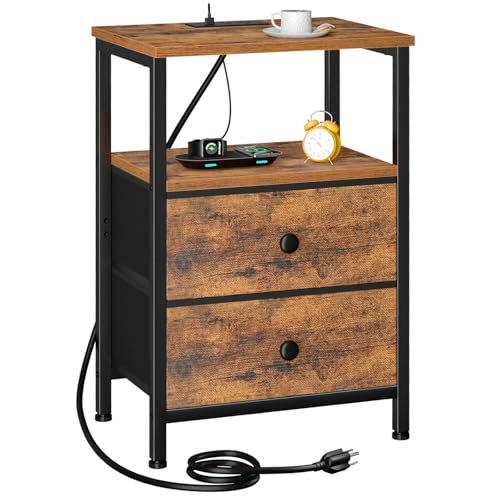 Rustic Brown Two-Drawer Nightstand with Charging Station - Small Bedside Table