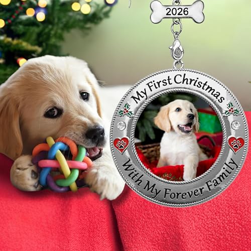 My First Christmas Dog Photo Ornament 2 Pack - Personalized Puppy Keepsake with Photo Insert, Red Heart & Paw Print, 3 Inch