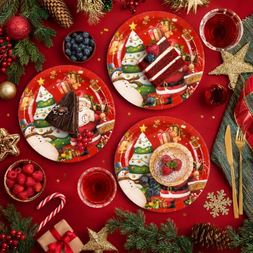 PUEVENYI Merry Christmas Paper Plates 7 Inch - Winter Holiday Disposable Tableware Set, 50 Count