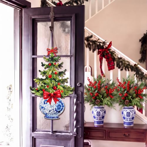RattanView Chinoiserie Christmas Door Hanger 13.98 x 20.63 in, Red Bow