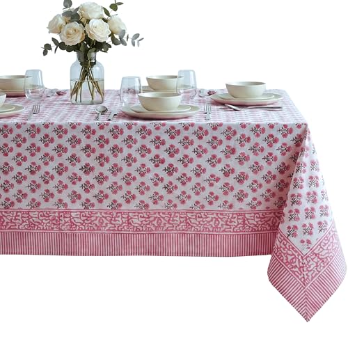 ATOSII Gulbahar White Pink 100% Cotton Fall Rectangle Tablecloth,