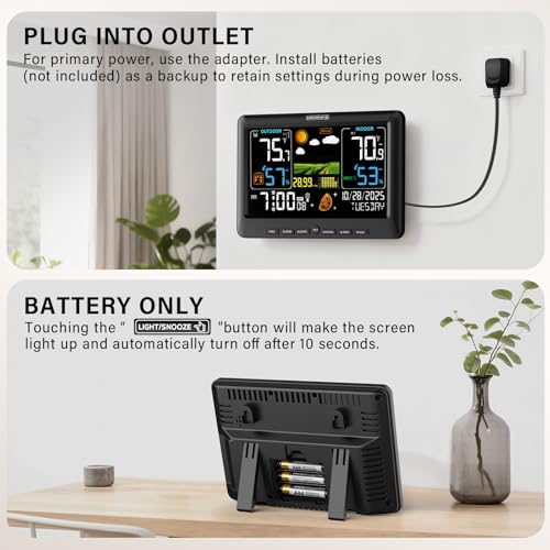 Wireless Indoor Outdoor Thermometer Weather Station with Atomic Clock - Black