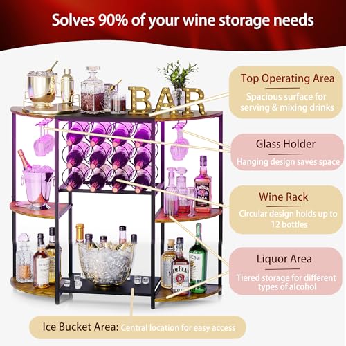 JKsmart Rustic Brown Wine Bar Cart with LED Lights, 3-Tier Storage and Glass Holder