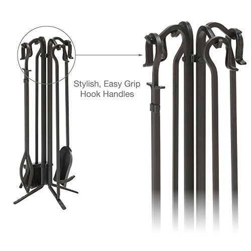 UniFlame Black Wrought Iron Fireplace Tools Set - 5-Piece Fire Tool Kit with Stand