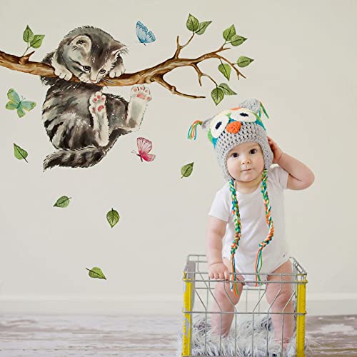 Yovkky Cat on Tree Branches Wall Decals Stickers, Kitty Animal Nursery Decor, Green Leaves Baby Kids Bedroom Home Decorations Art