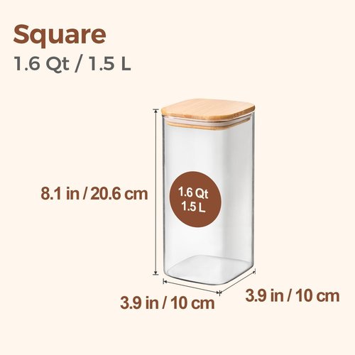 ComSaf Airtight Glass Storage Canister - Clear Food Storage Container Jar with Wood Lid | Set of 3 (1.6 Qt)
