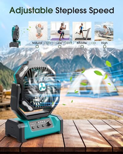 Portable Camping Fan with 20000mAh Battery, Oscillation & LED Light - Green Large