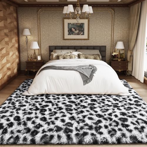 Amearea Fluffy Leopard Rug 6x9 ft White - Premium Cheetah Print, Non-Slip