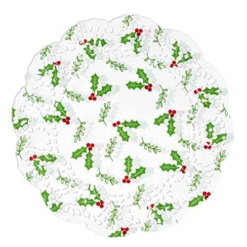 Gift Boutique - 100 Christmas Paper Doilies 10" Disposable Round White Lace Doily with Green Holly Leaves and Red Berries for Xmas Holiday Crafts Wedding Accent & Dinner Table Decorations