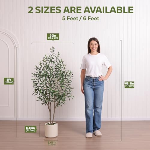 Artificial Olive Tree with LED Spotlights - 5ft Indoor Faux Plant with Rustic Wood Trunk & Remote Control