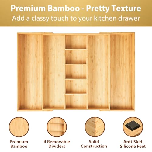 Adjustable Bamboo Kitchen Drawer Organizer for Utensils - 17 to 28 Inch, Extra Large, Flatware Tray