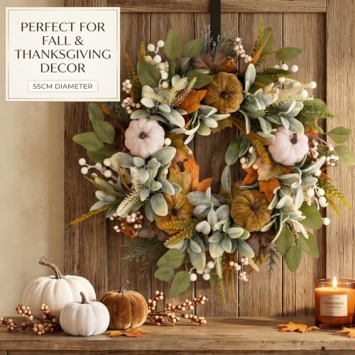 22-Inch Fall Wreath with Artificial Eucalyptus and Velvet Pumpkins - Farmhouse Holiday Door Decor