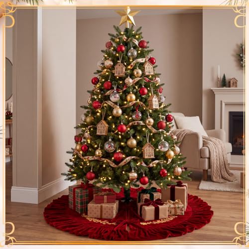 Sotiff 36 Inch Burgundy Velvet Christmas Tree Skirt with Gold Embroidery - Classic Wine Red