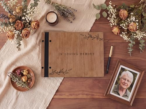 Funeral Guest Book with Pen - Memory Wooden Memorial Book for Funeral Service