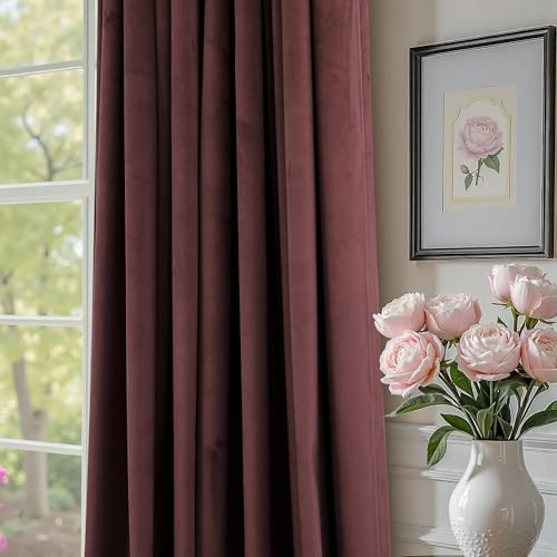 Pitalk Ruby Wine Velvet Curtains 52x84 Inches, 2 Panels, Dark Purple - Insulated Darkening Drapes for Living Room & Bedroom