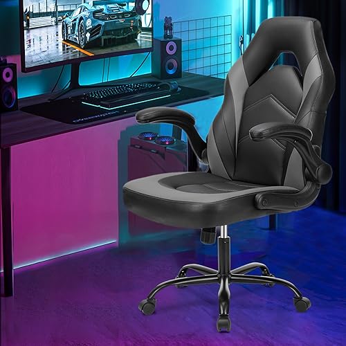 Sweetcrispy Grey Ergonomic Computer Gaming Desk Chair with Lumbar Support, Adjustable Height & Flip-up Armrests