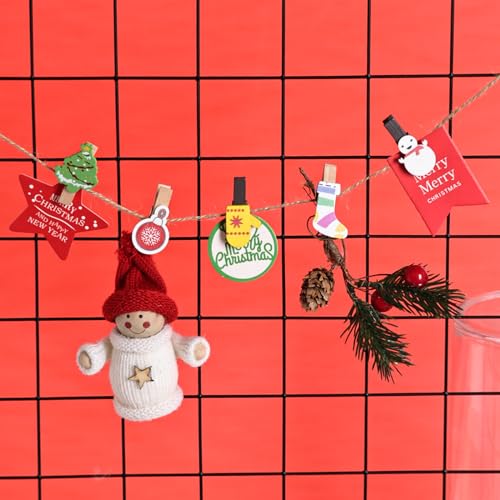 Christmas Wood Clips Set with Snowflake Santa Tree Designs & Jute Twine - Holiday Photo Hangers & Craft Decor