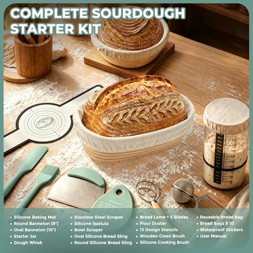 KitHero Sourdough Kit – Complete Bread Baking Supplies with Banneton Baskets, Starter Jar, Tools & Accessories