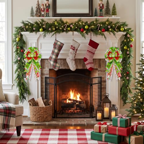 Montekin Large Green Candy Pattern Christmas Wreath Bows 20x11 Inches, Set of 2