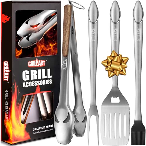 GRILLART Black 18-Inch BBQ Grill Tools Set with Tongs, Spatula, Fork & Brush