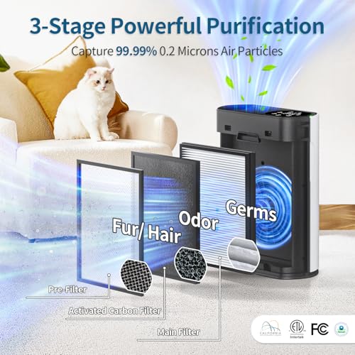 ECOSELF Large Room Air Purifier 2400 sq ft 3-Stage HEPA Auto & Sleep Mode White