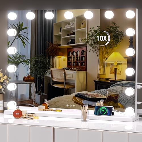 Hasipu 32x24 Inch White Hollywood Makeup Vanity Mirror with Lights, 17 Dimmable LED Bulbs & 10X Magnification