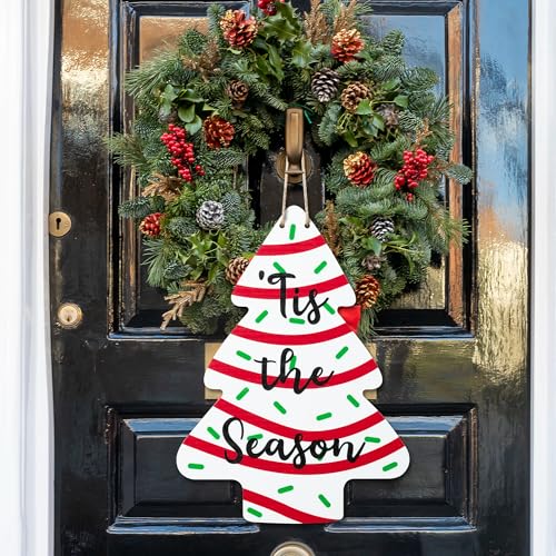 Christmas Tree Wooden Door Sign - Festive Holiday Wall Plaque with Hanging Rope