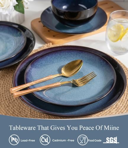 Ceramic Dinnerware Set for 6 - 18Pcs Porcelain Plates & Bowls, Dreamy Moonlight Blue
