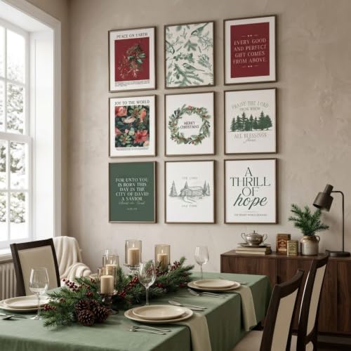 Beayum 9Pcs Vintage Christmas Wall Art 12x16 – Green & Red Bible Verses Unframed Prints