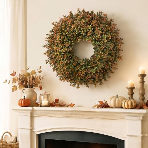 Waipfaru 26-Inch Fall Boxwood Wreath for Front Door Decor, Orange-Green - 1 Piece