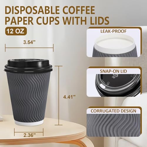 Gray 12 oz Disposable Coffee Cups with Lids - Clawsoff 100 Pack
