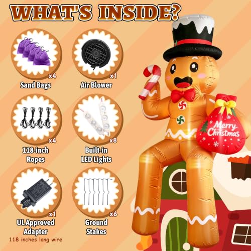 CORALMEE 11FT Sitting Gingerbread Man Christmas Inflatable with Top Hat, Candy Cane & Gift Bag (Outdoor Decor)