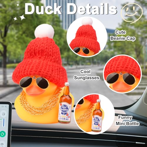 MuMyer E6-purple Car Dashboard Rubber Duck Ornament with Knit Hat, Sunglasses & Gold Chains (3in)
