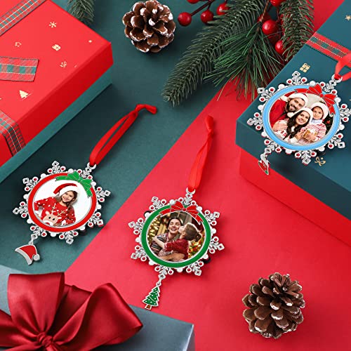3 Pieces Snowflake Christmas Picture Frame Ornaments, Zinc Alloy, Red/Green/Blue