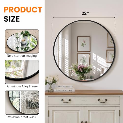 Matte Black Round Bathroom Mirror 22 Inch Wall Mirror Set - 2 Pack