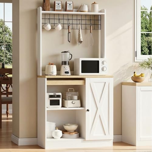 IRONCK Bakers Rack with Pull-Out Shelf and Power Outlet, White