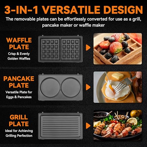 3 in 1 Mini Waffle Maker with Removable Plates - Graphite
