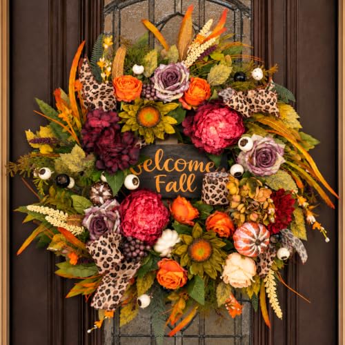 Fall Wreath - 24 Inch Artificial Autumn Front Door Decor with Sunflowers & Welcome Sign