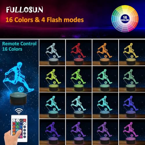 Soccer Night Light, 3D Optical Illusion Lamp for Soccer Fan, Idea Birthday Xmas Gifts for Sport Fan Boys Girls with Remote Control 16 Color Change + Dim Function + 4 Flash Mode