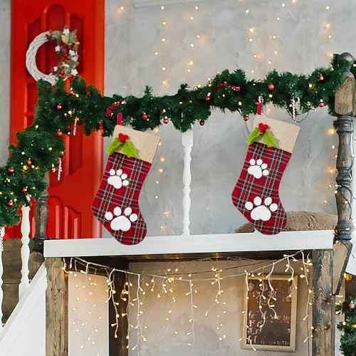 Christmas Stockings with Paw Ornaments, Xmas Burlap Stockings for Fireplace, Large Red Buffalo Plaid Stocking Decorations, Winter Fireplace Hanging Stockings for Home Christmas
