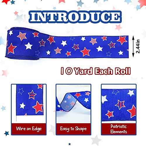 Threetols Patriotic Wired Edge Ribbons 2.5" 10 Yards, Veterans Day White Red Blue Wired Ribbons Patriotic Star Fabric Craft Ribbon American Patriotic Ribbon for Holiday Party DIY Christmas Decor