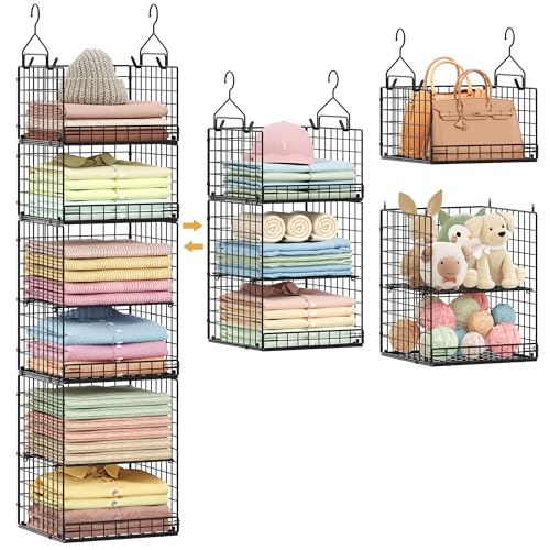 6-Tier Hanging Closet Organizer Black - Stackable Shelves with Hooks & Dividers