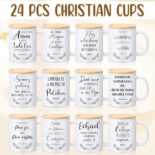 Sunnychicc Spanish Christian Coffee Mugs Bulk 12oz Bible Cups with Wooden Lids & Spoons