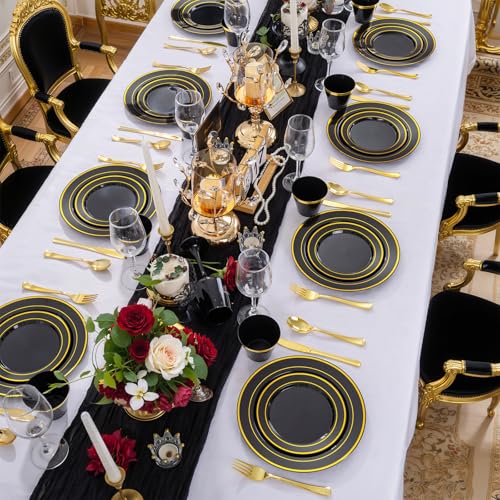 Disposable Dinnerware Set for 100 Guests Black and Gold 600 Pcs - Elegant Party Plates & Cutlery