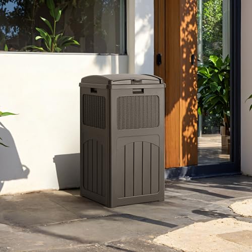 Deep Brown Devoko 33 Gallon Outdoor Trash Can with Dual Lid - Weatherproof Garden Bin