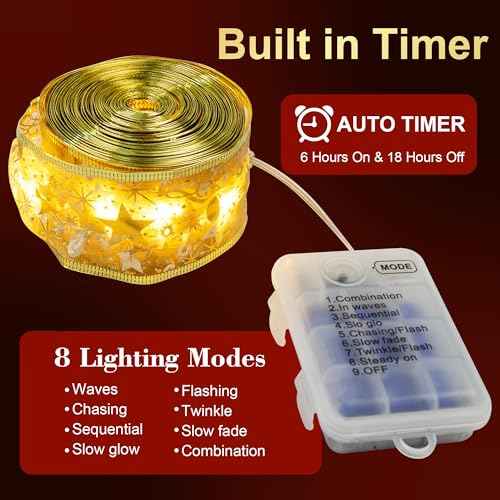 Christmas Tree Ribbon String Lights, 33FT 100 LED String Lights with Timer and 8 Lighting Modes for Christmas Tree Decoration, Fairy Lights Indoor String - Gold