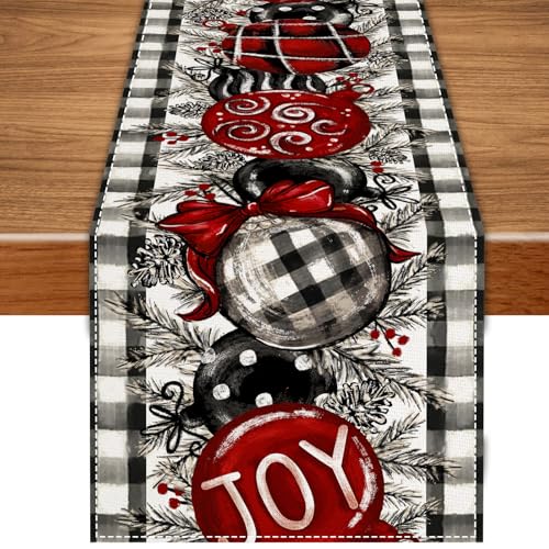 White and Black Buffalo Plaid Christmas Table Runner,Christmas Balls Joy Pine Branch Seasonal Winter Kitchen Tabletop Runner for Indoor Outdoor Dining Table Decoration13x72 Inch