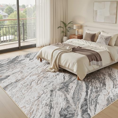 9x12 Taupe Washable Area Rug - Modern Abstract Non-Slip Carpet for Living Room & Bedroom